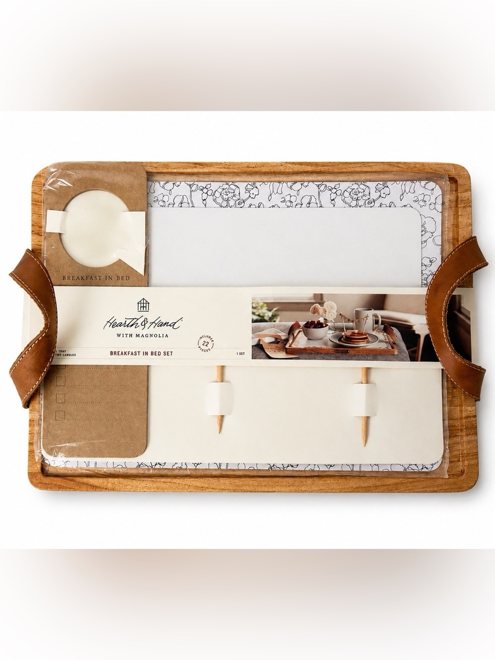 Hearth & Hand Magnolia Solid Wood Tray Breakfast in Bed Set w/ Leather Handles